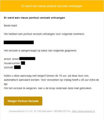 Screenshot Weepee nieuw portout verzoek